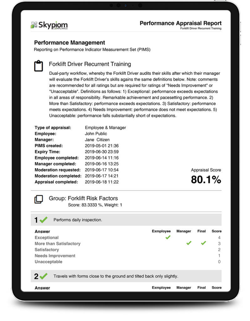 iPad with performance assessment for forklift driver