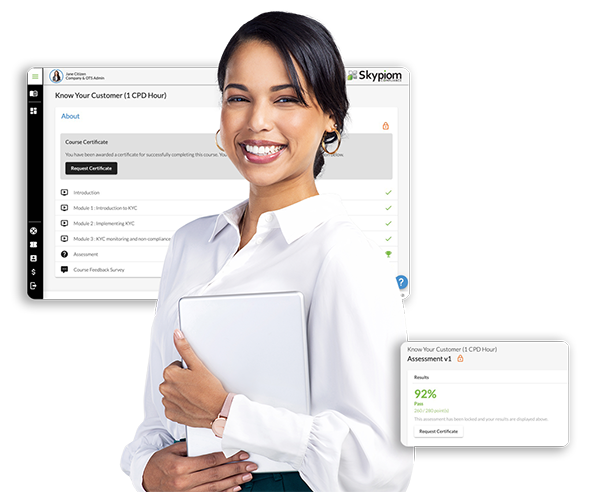 Woman with tablet and course completion screenshots