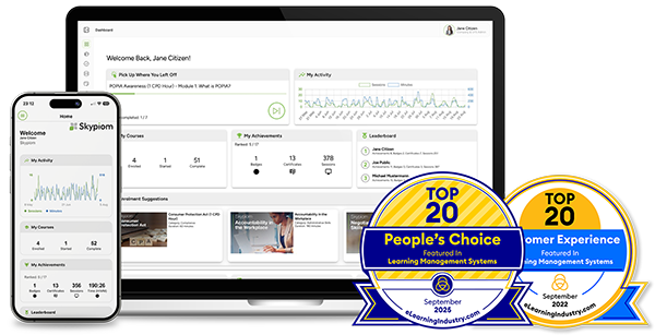 MacBook and iPhone featuring Skypiom LMS with awards